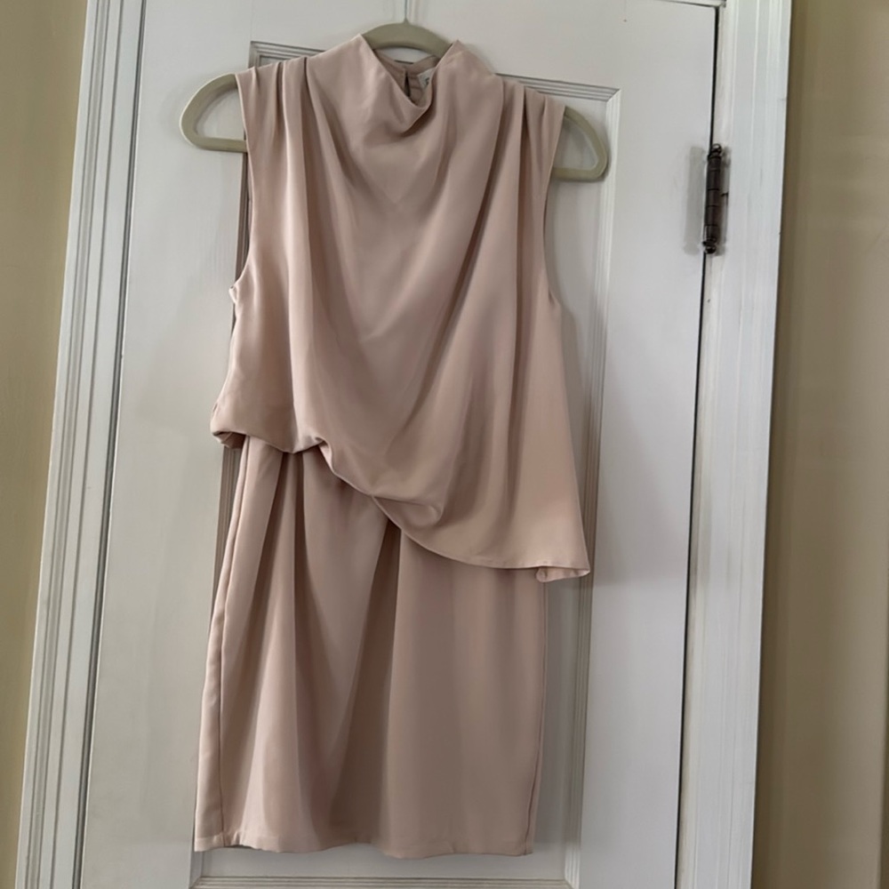 Beige Tan Khaki Cocktail Sleeveless High Neck Dress Size Small